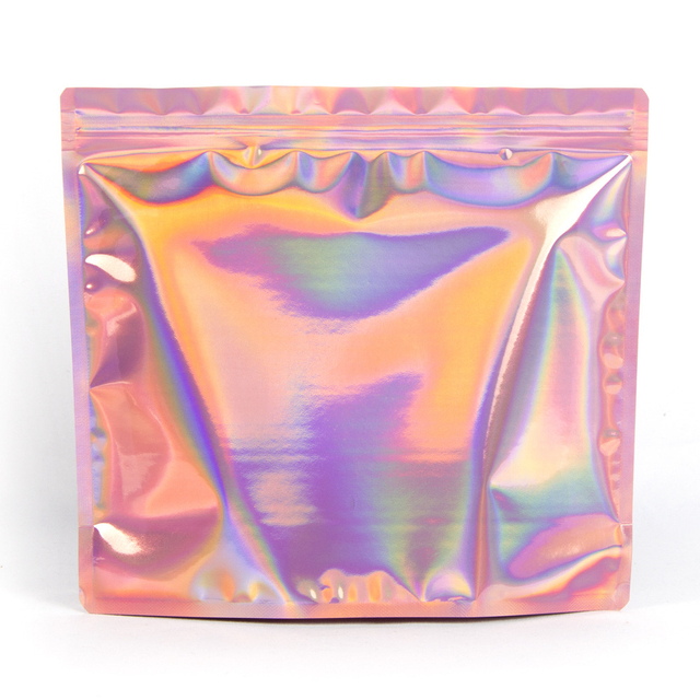 Eye-Catch Rainbow Film Packaging Clear Front Print Logo Accepted Customizable Stock Ready Bags for Clothes Jewelry Holographic Stand-up Pouch