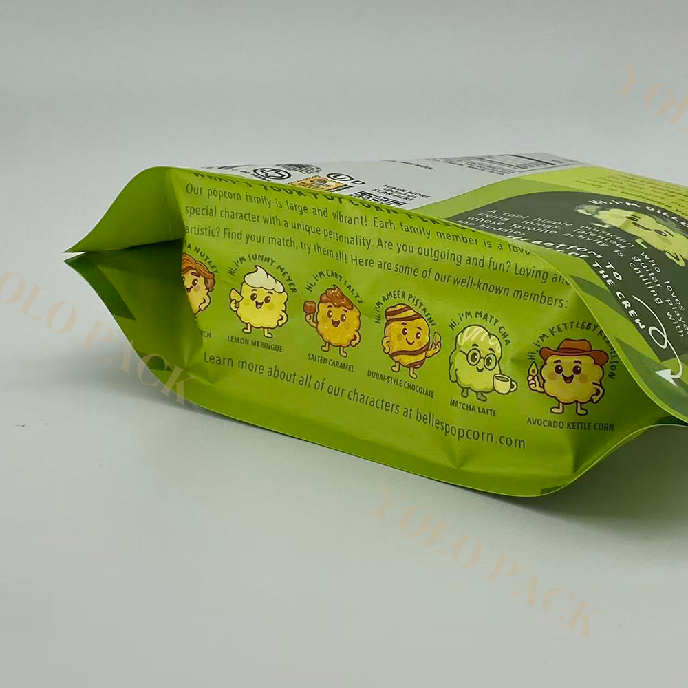 Glossy Green Color Food Snack Resealable Food Bags Plastic Snack Banana Slices Chips Pouch Doypack Crispy Packaging Packaging for Popcorn