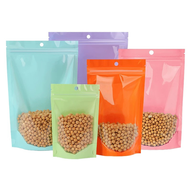 OEM Colored Nuts Food Package Stand Up Pouch Smell Proof Resealable Zip Lock Packaging Plastic Sides Sealed Bag Clear Transparent Front Window