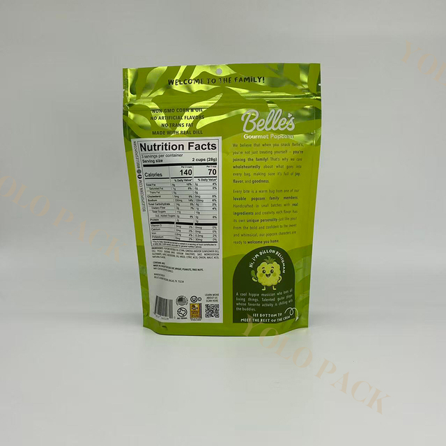 Glossy Green Color Food Snack Resealable Food Bags Plastic Snack Banana Slices Chips Pouch Doypack Crispy Packaging Packaging for Popcorn
