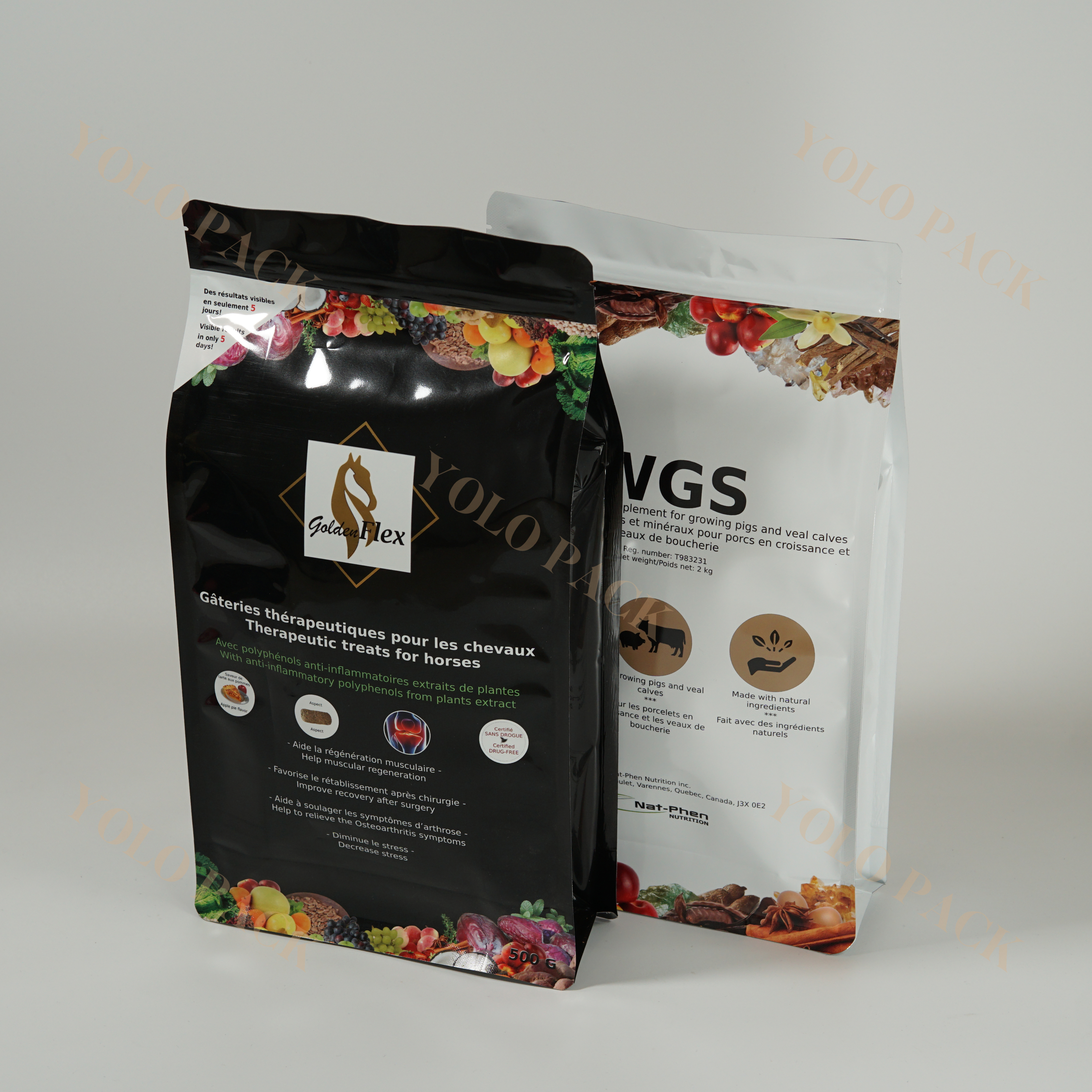 Custom Printing Vertical Waterproof High Barrier Glossy Finish with Resealable Zipper Bags Quad-seal with Side Gusset Horses Treat Package Bag