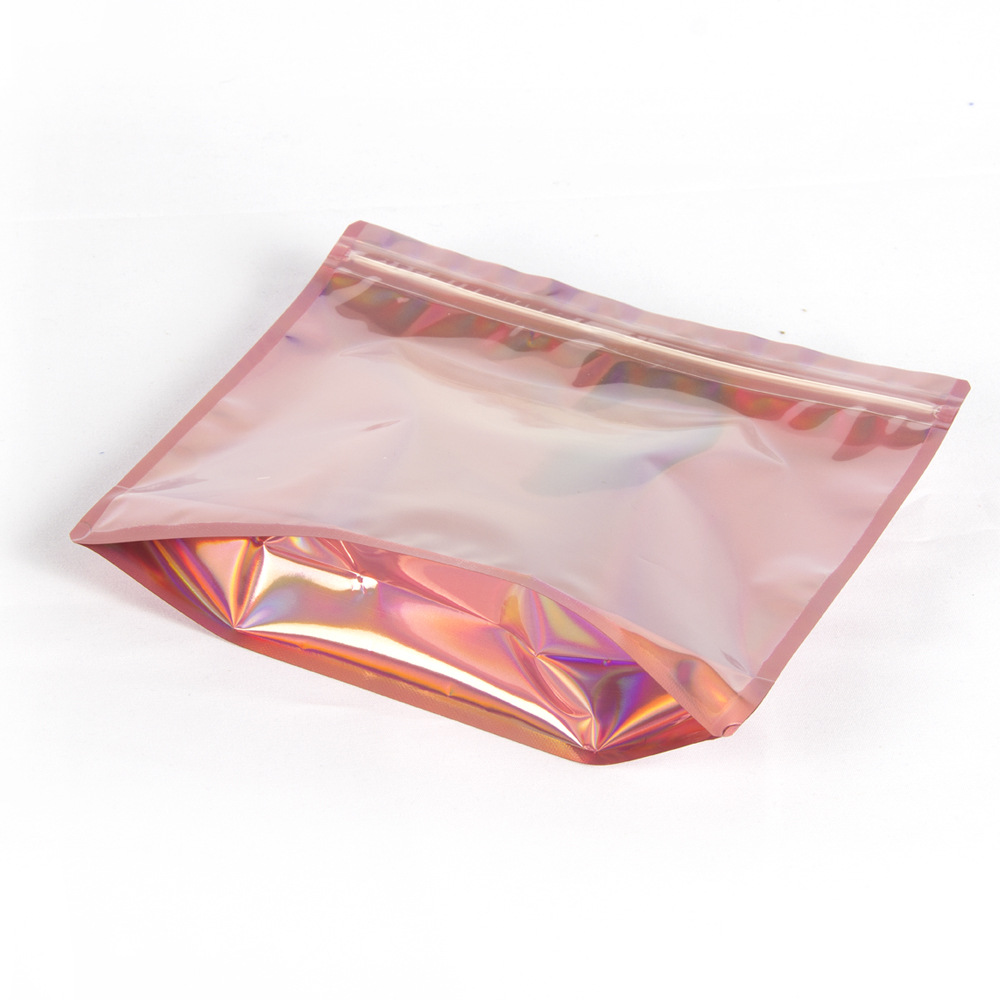 Eye-Catch Rainbow Film Packaging Clear Front Print Logo Accepted Customizable Stock Ready Bags for Clothes Jewelry Holographic Stand-up Pouch