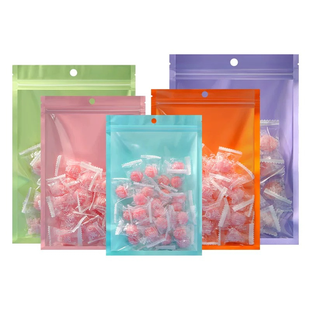 Custom Colored Glossy Plastic Three Side Sealing Translucent Zipper Pouch Candy Parts Headphones Jewelry Front Clear Window Moisture-Proof Packaging Bags