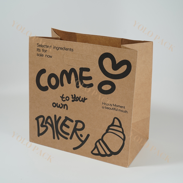 Customize Logo Printing Portable Kraft Food Paper Bags Take Away Dessert Bread Sandwich Cake Tea Sugar Die-Cut Handle Food Grade Paper Bag