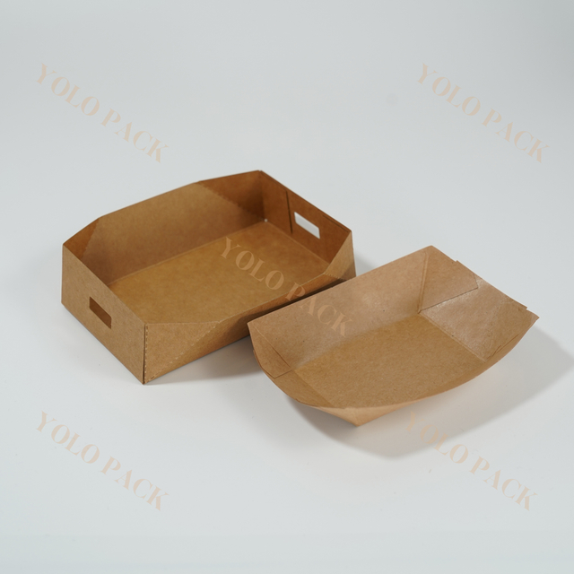 Custom Disposable Oil Proof Food Grade Brown Kraft Paper Box Lunch Fast Food Fried Chicken French Fries Fruit Salad Restaurant Takeaway Boat Shaped Tray Packaging Box
