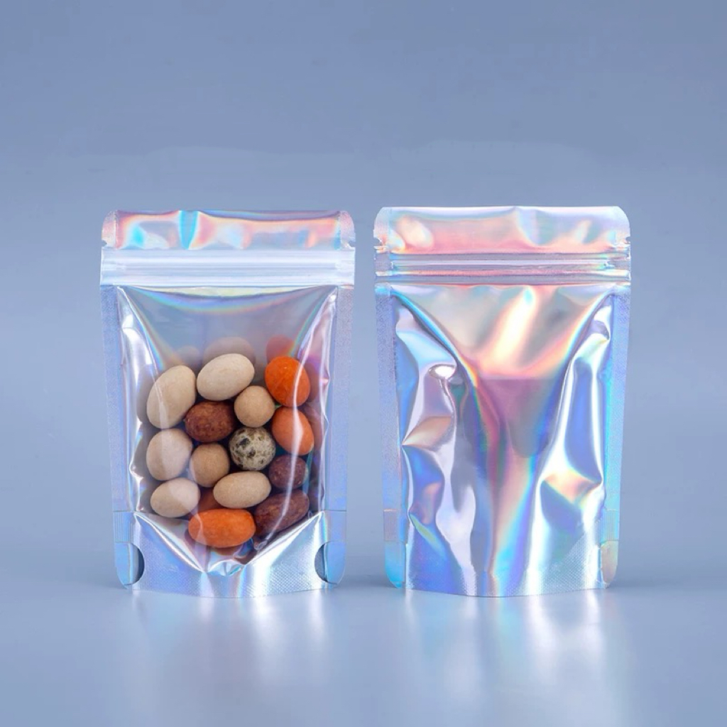 100pcs Per Pack in Stock Food Storage Laser Film Heat Sealable for Food Packaging Glossy Ziplock Stand Pouches Self Standing Bottom Pouches