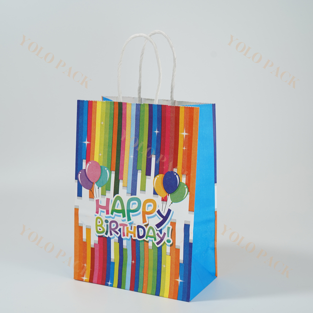 OEM Creative Gift Paper Bag With Handle Rainbow Printed Foldable Reusable Kids Birthday Christmas Favor Candy Present Cartoon Packing Bag 